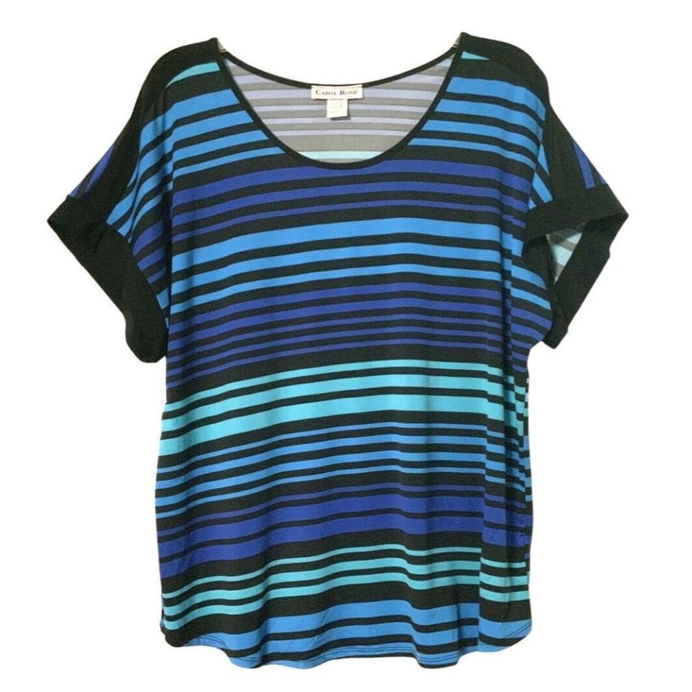 Coral Rose Blouse Top Womens Plus Size 3X Black Blue Stripe Short Sleeve Scoop N